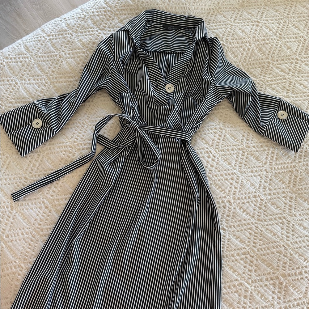 Mlle Gabrielle Black and White Striped Long Sleeve Dress